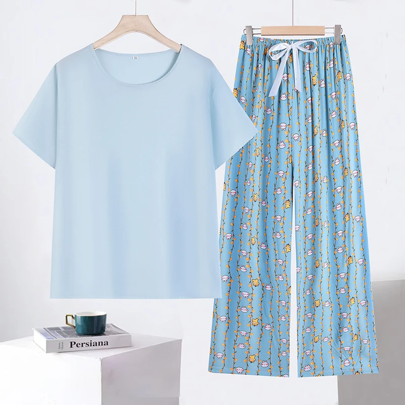纯色棉绸睡衣女夏季薄款单上衣短袖t恤人造棉长裤休闲家居服套装