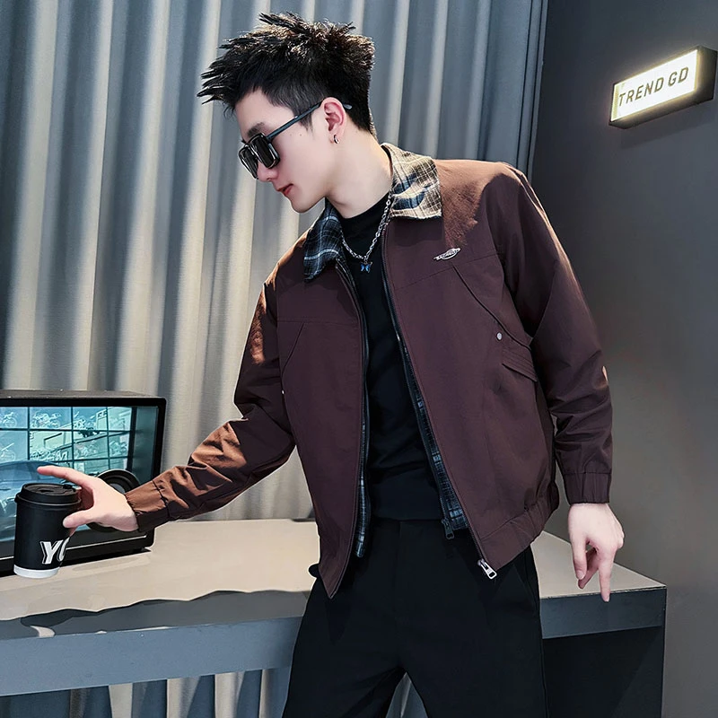 拼接假两件外套男款春秋季潮牌翻领夹克2025新款男士休闲短款上衣