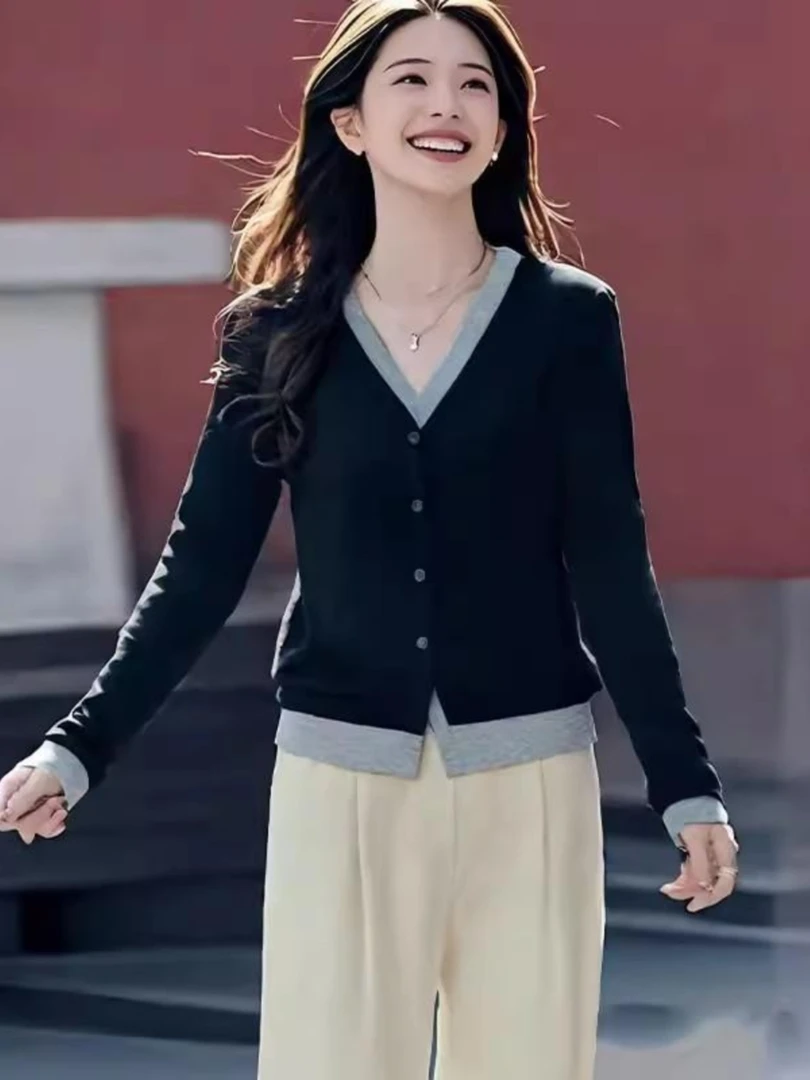 大码假两件v领长袖针织开衫女小个子修身短款上衣打底遮肉显瘦ing