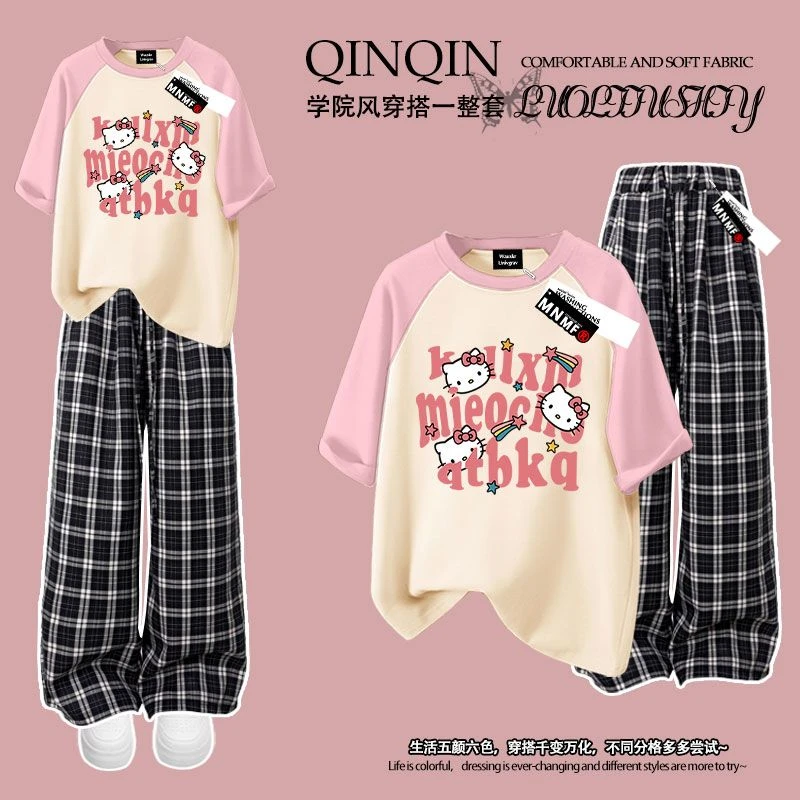 女童HelloKitty字母印花2025夏季短袖t恤格子裤套装中大童时尚潮