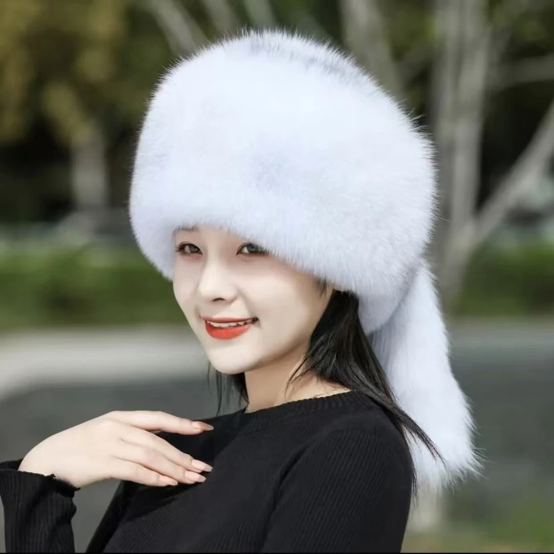 狐狸毛三尾帽平檐冬季秋冬帽子女士保暖帽冬天保暖帽时尚加绒