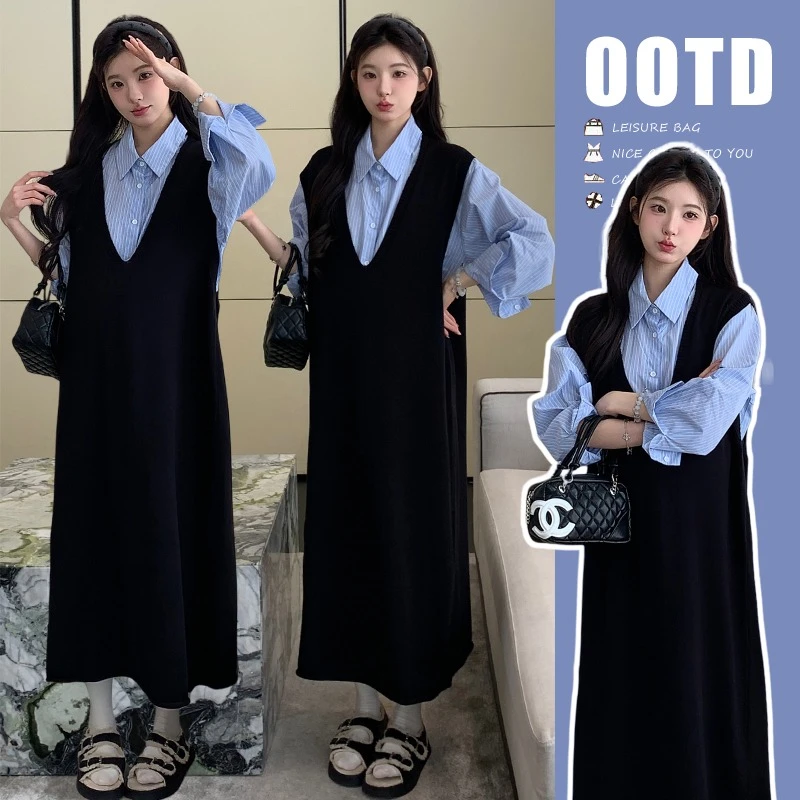 孕妇装2025新款秋装连衣裙潮妈孕期穿搭时尚减龄背心裙秋季两件套