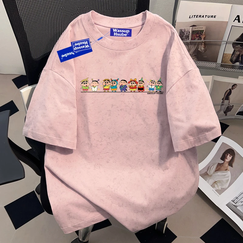 WASSUP HSUBE蜡笔小新印花纯棉圆领短袖T恤男女情侣夏季宽松上衣