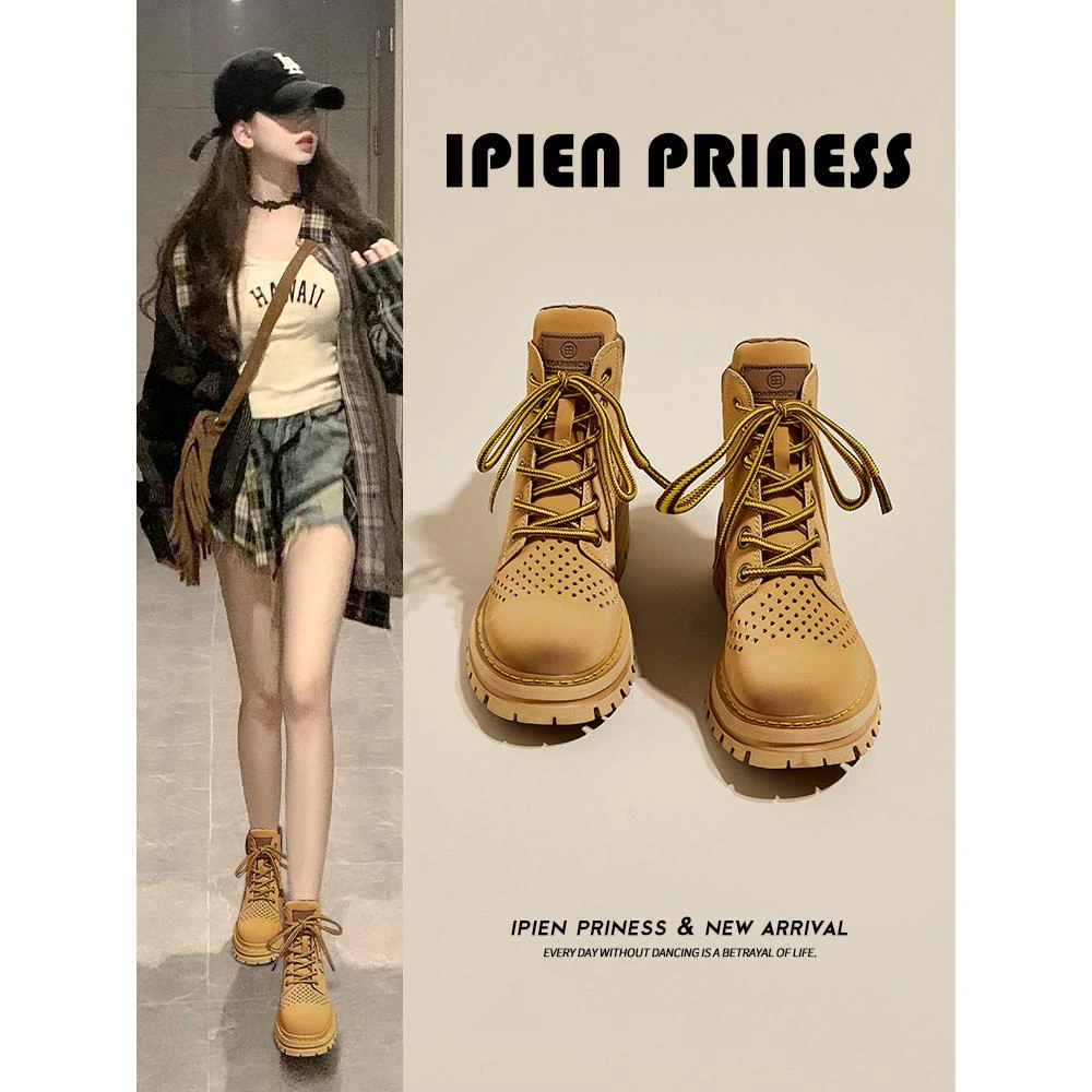 镂空马丁靴女鞋2025夏季新款透气踢不烂大黄靴洞洞中帮户外工装靴