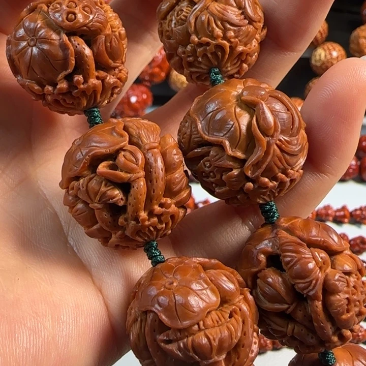 橄榄核手串/手链大满工红油核镂空荷叶无相佛