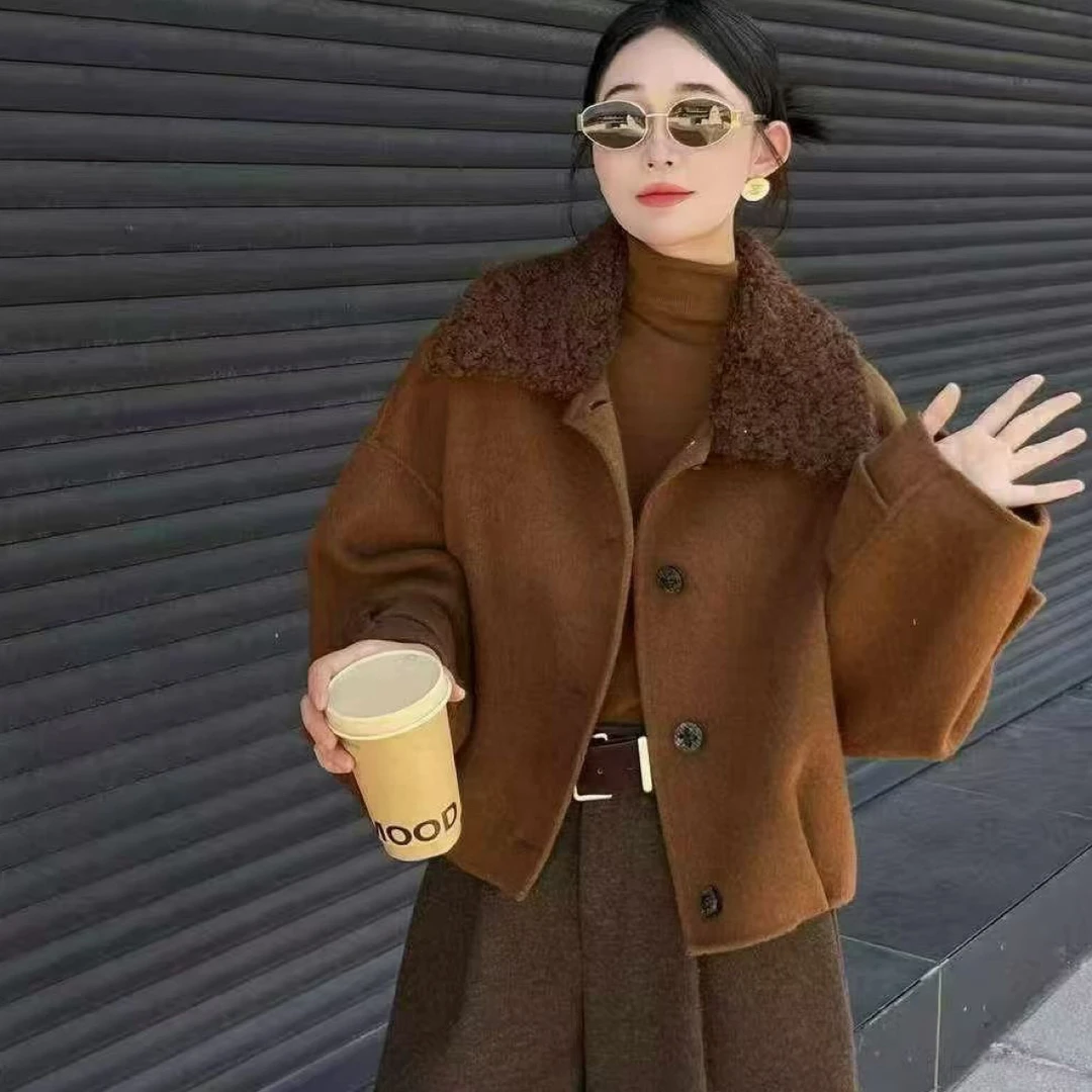 【新季新款】毛领羊绒大衣女秋冬短款翻领显瘦气质毛呢外套