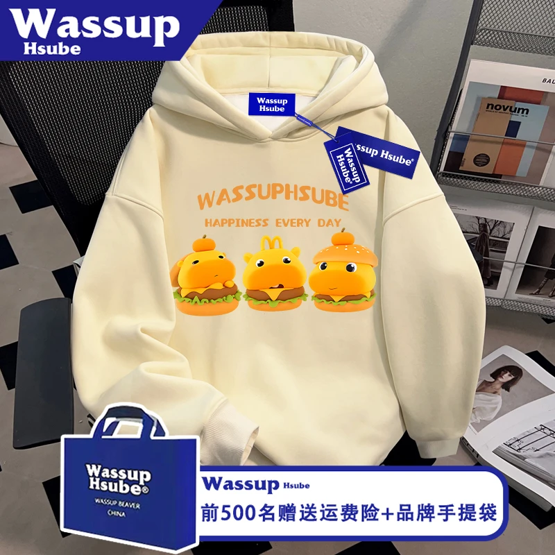 WASSUP HSUBE潮牌黄色连帽套头卫衣秋冬可爱趣味卡通印花男女上衣