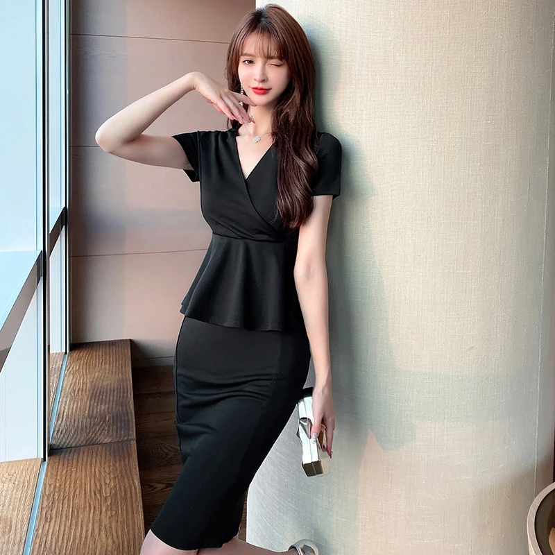 赫本风小众设计别致包臀裙夏季新款女装收腰V领荷叶边连衣裙21098