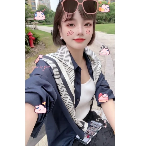 早秋简约高级感丝巾前口袋麻麻翻领衬衫衬衣