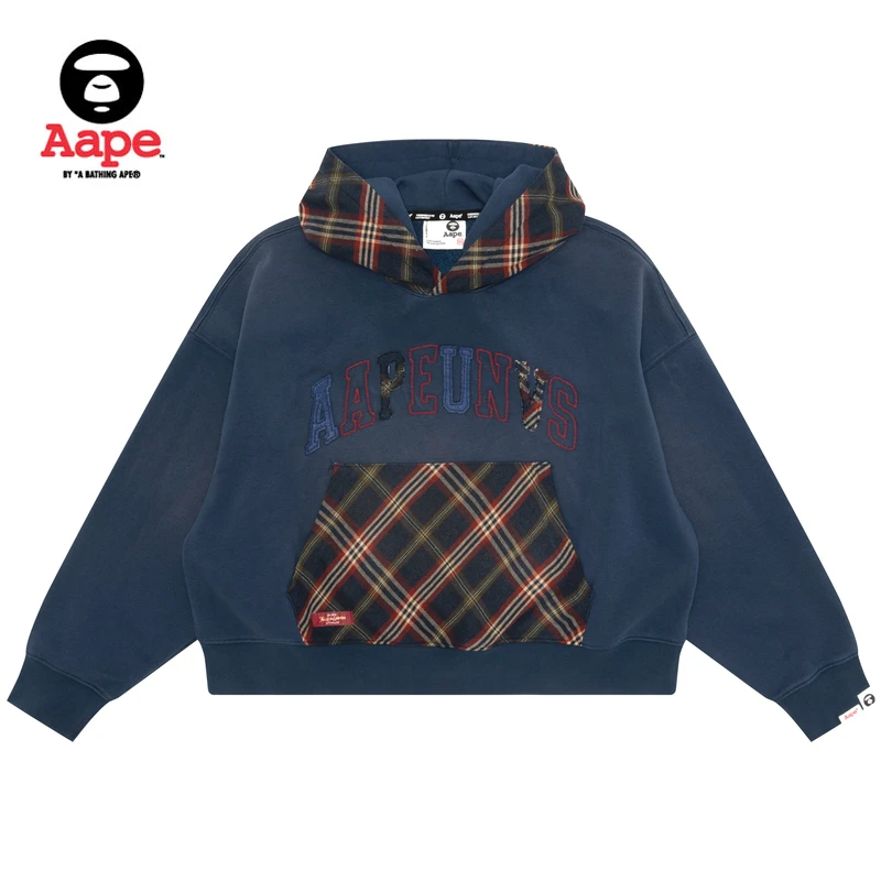 Aape旗舰店女装25秋冬复古做旧拼接格纹美式薄绒连帽卫衣D330XXP