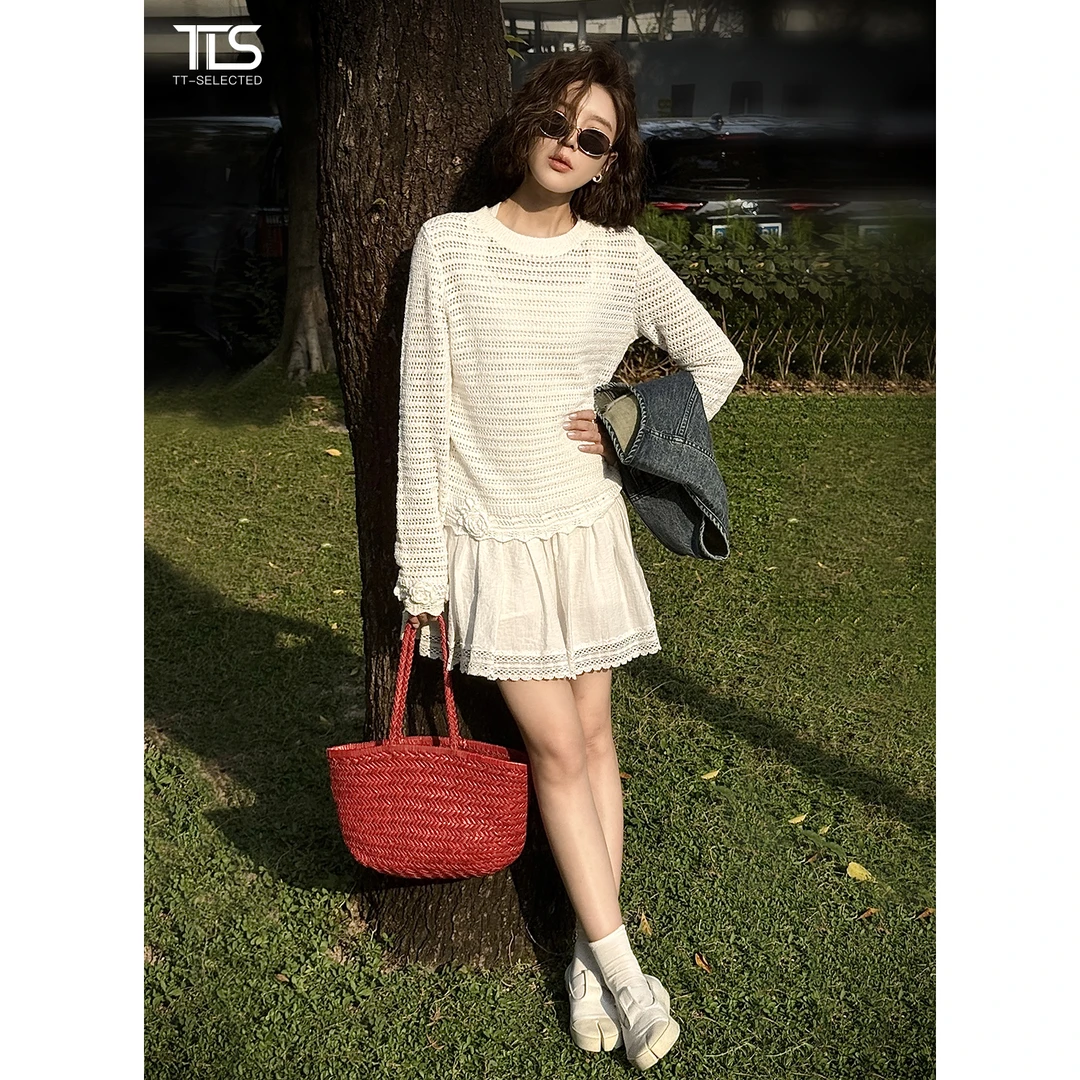 TT【南法裙】春夏亚麻+真丝镂空蕾丝高腰百褶半裙TT-11Q1001
