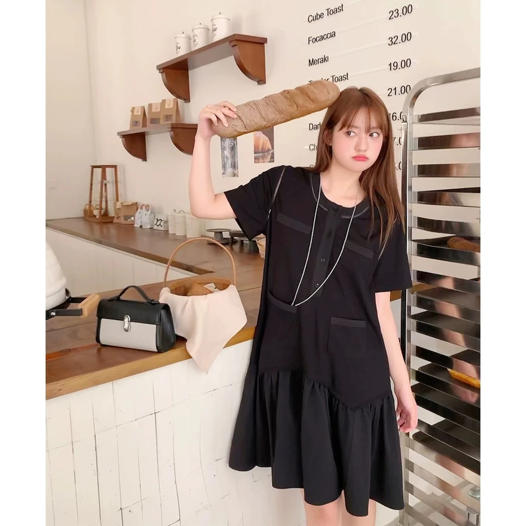 晶咕白标~贝莉双拼~小香风撞色拼接连衣裙时尚夏季宽松日常裙子