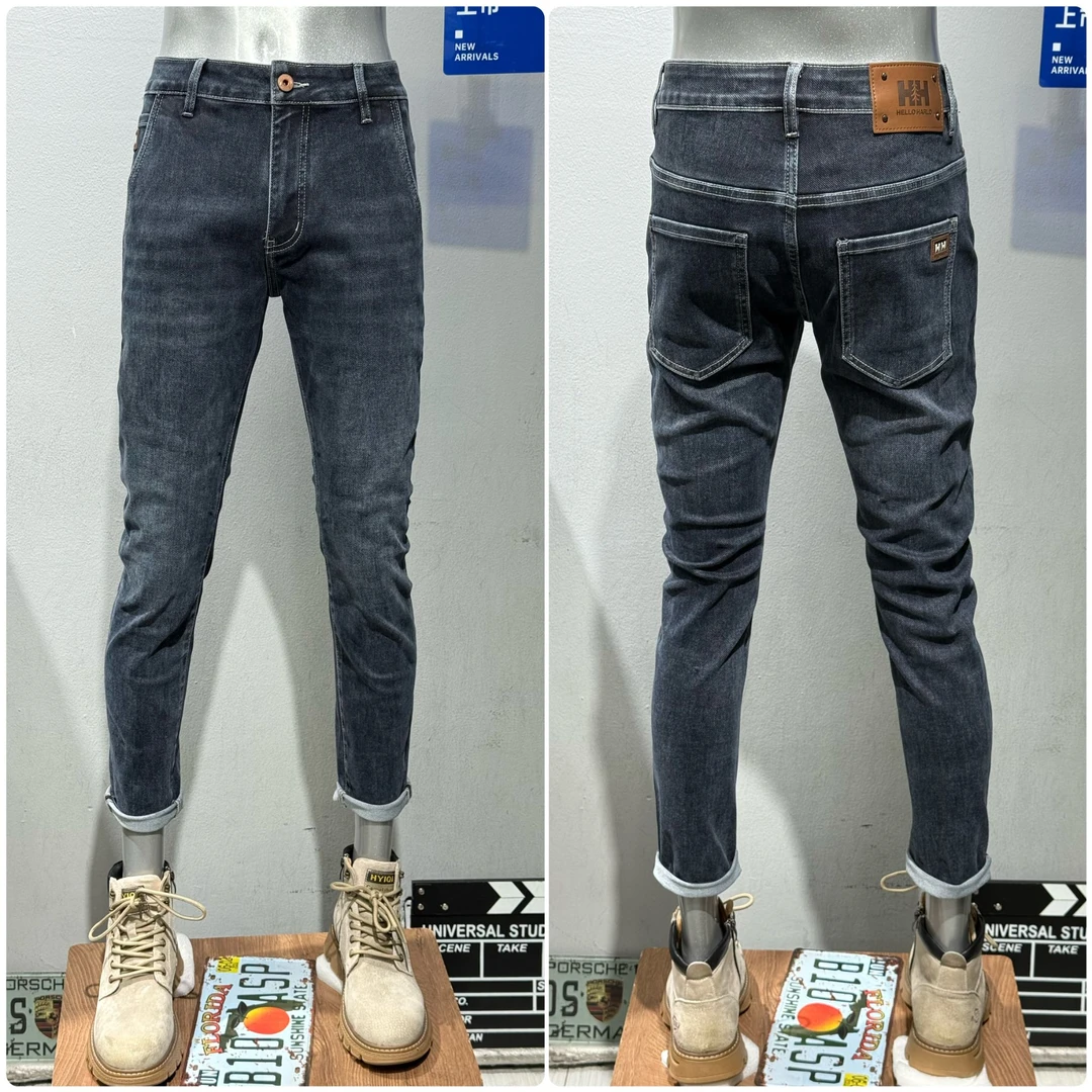 斜插袋深蓝色秋冬新款牛仔裤男款修身小脚裤弹力百搭休闲长裤子男