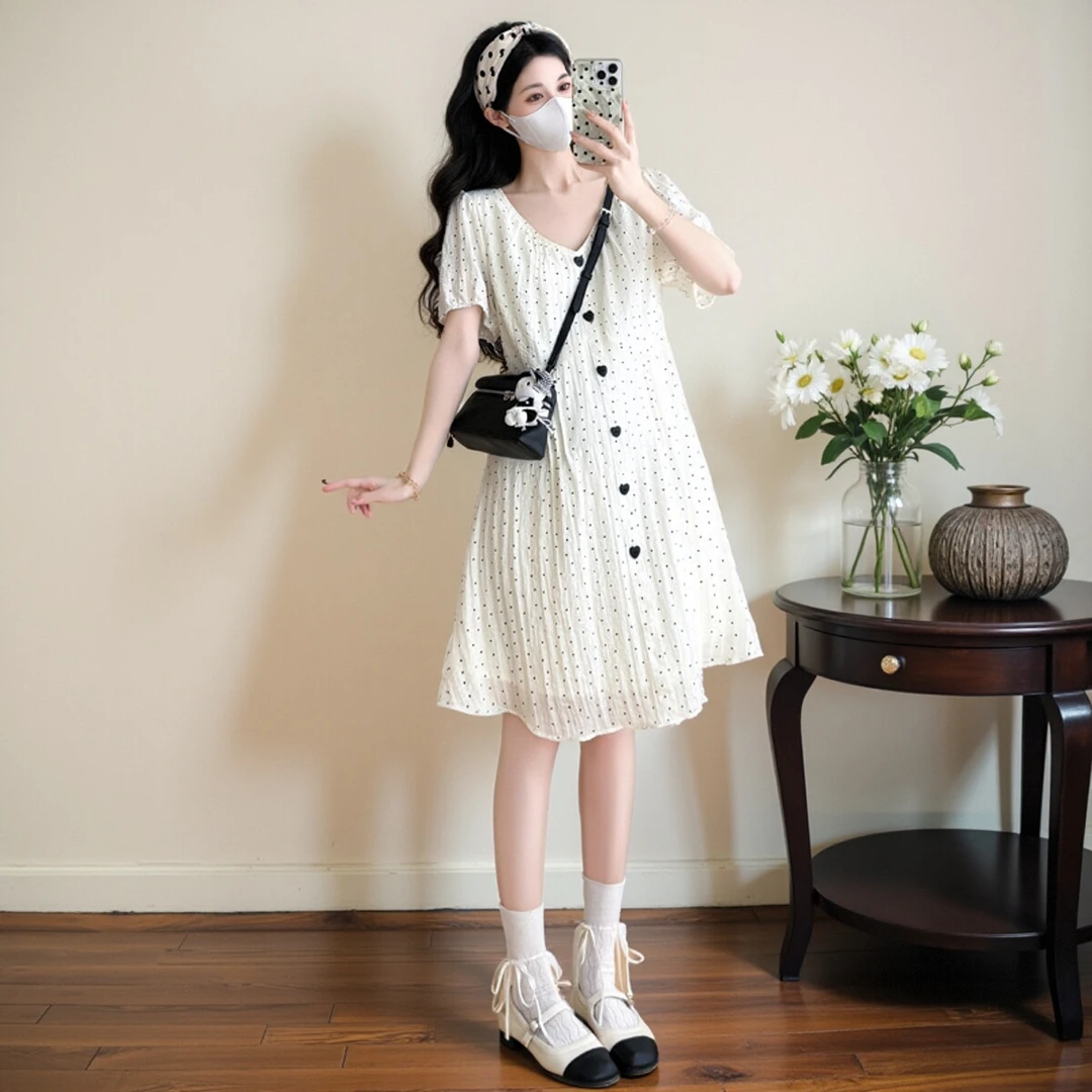2025夏季新款V领波点显瘦孕妇连衣裙小个子潮妈孕期高级穿搭短裙