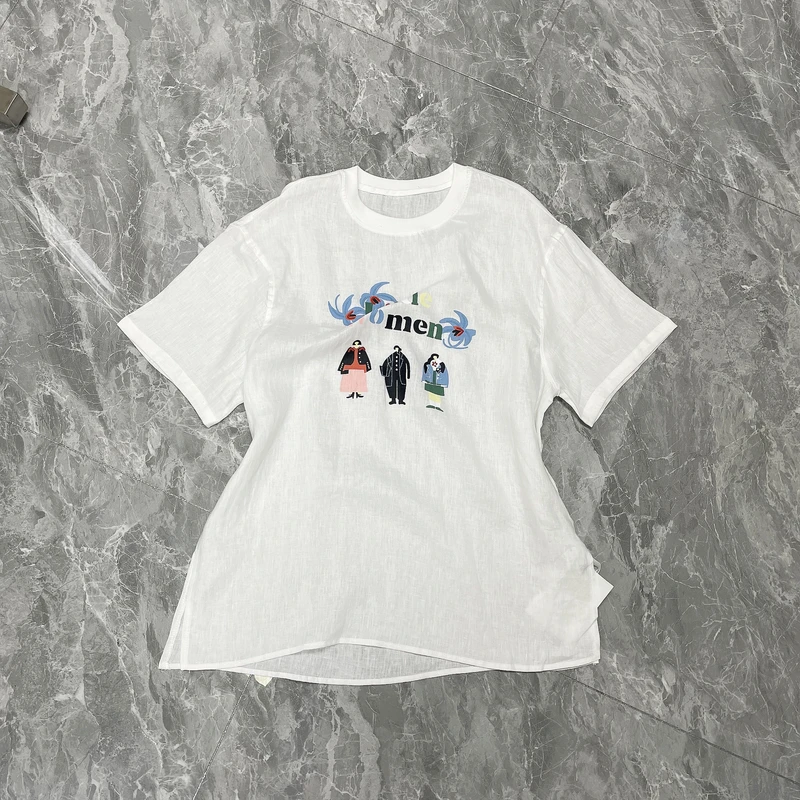 YKS欧货2025夏白色亚麻卡通印花短袖T恤女韩版宽松棉麻上衣251083