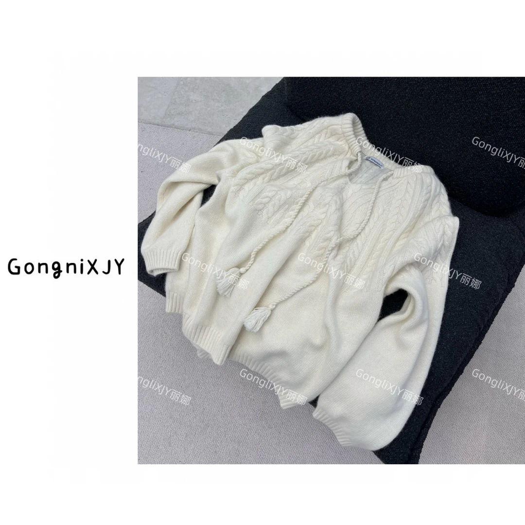 【LINA·GXY】设计领系带麻花纹针织上衣