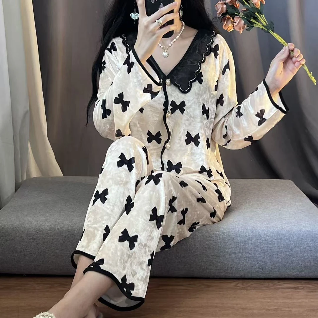 可外穿高级感韩版金丝绒ins风家居服秋冬季钻石绒翻领睡衣套装女L