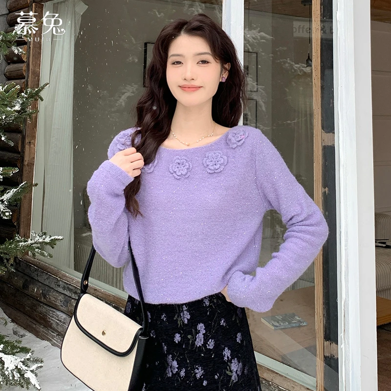 【正】慕兔法式气质立体花朵毛衣女2024秋冬宽松显瘦长袖针织衫上衣