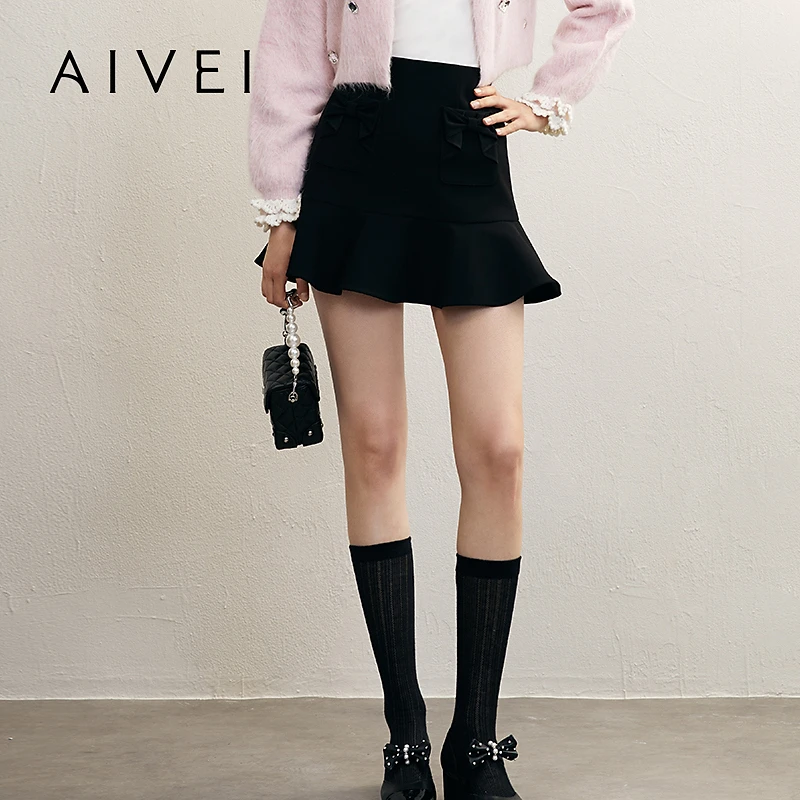 AIVEI欣贺秋冬新清新甜美A字显瘦黑色荷叶边短裙R754501A