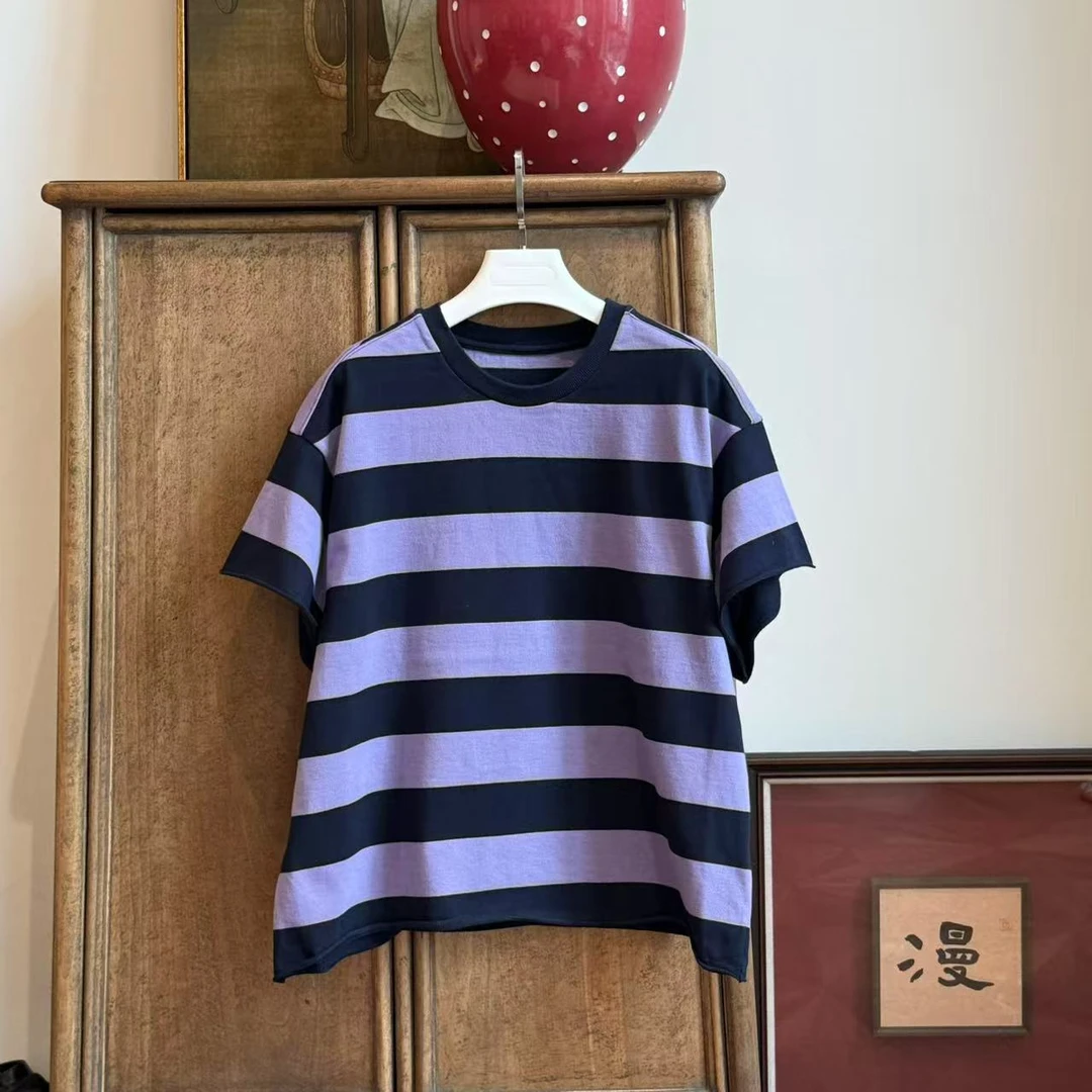 MYL2025春季新品纯棉紫色条纹T恤时尚休闲百搭粗条纹宽松半袖