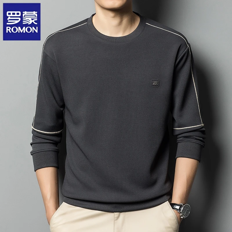 罗蒙春秋季新款薄款圆领长袖卫衣男t恤中年休闲潮百搭修身打底衫
