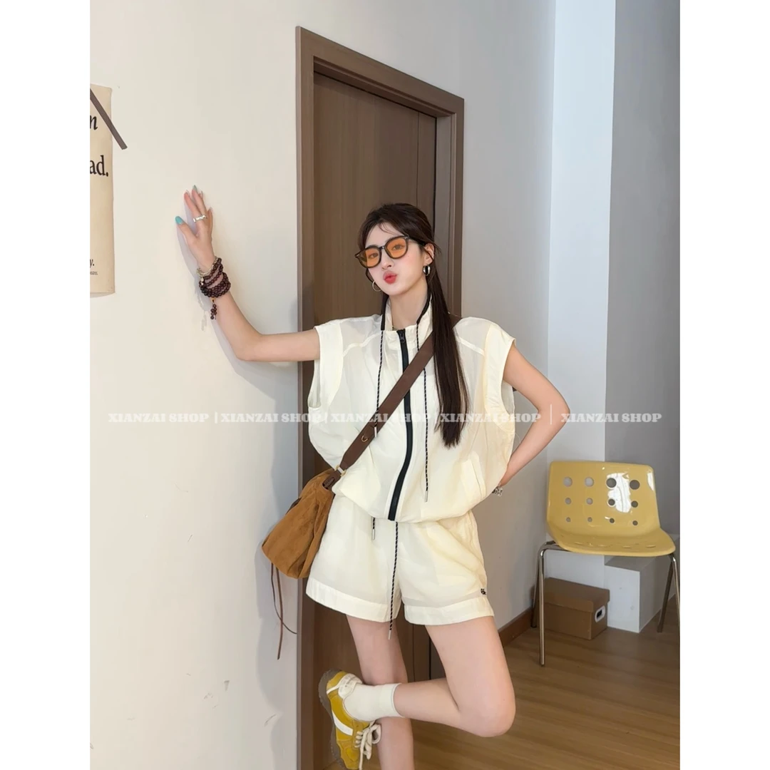 XIANZAI【户外野居】夏季新款运动休闲莱赛尔立领衬衫短裤两件套装