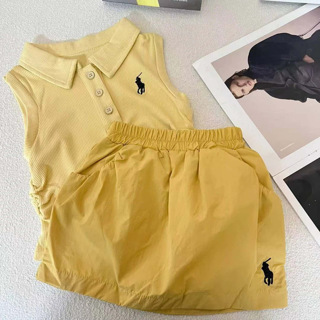 女童儿童2025夏季新款甜美简约时尚polo无袖背心上衣A字裙两件套