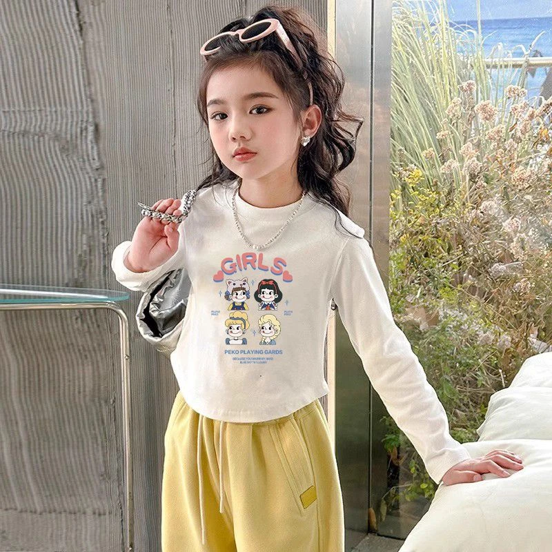 秋冬季纯棉中大童女长袖印花t恤修身弧形设计感超萌ins风打底上衣