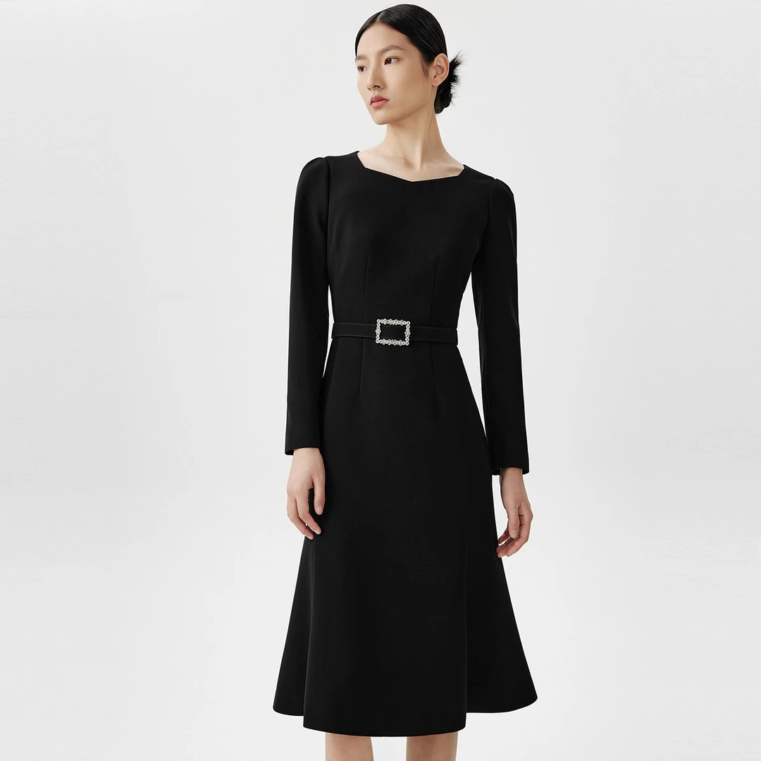 【专柜同款】法式醋酸连衣裙女长袖气质中长款裙子线下商场同款