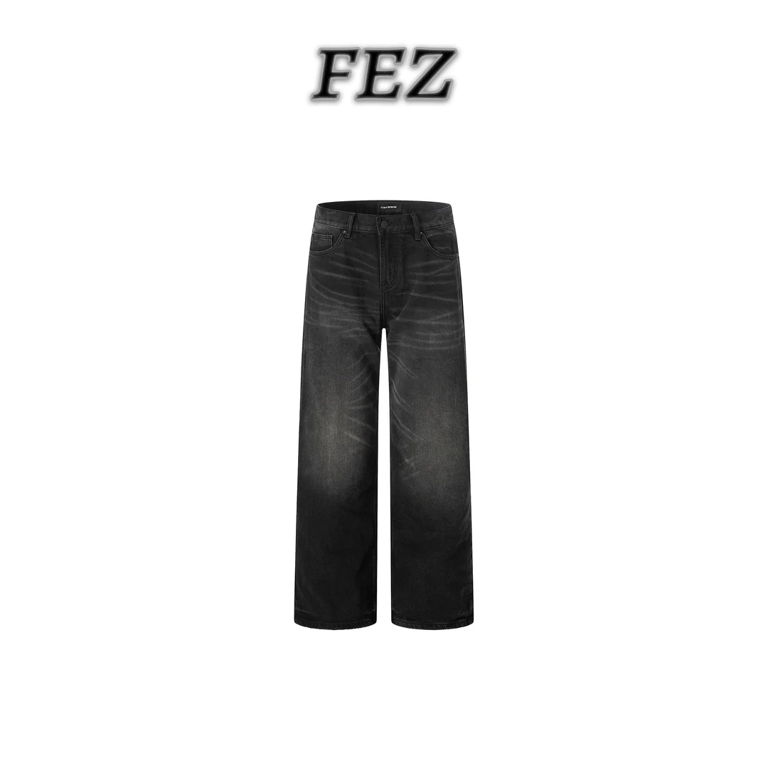 FEZ中高腰水洗长裤男四季通用牛仔裤复古港风破洞