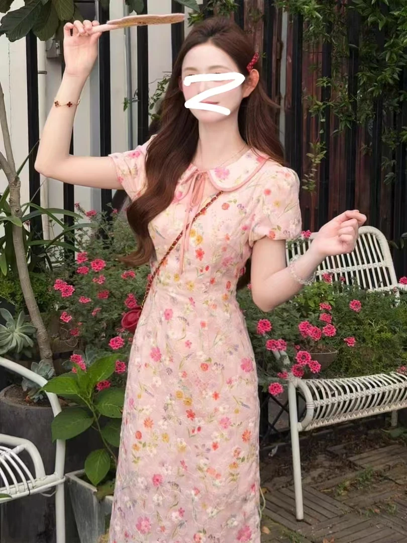 现608-3#新中式国风长裙夏收腰显瘦设计感翻领碎花旗袍连衣裙