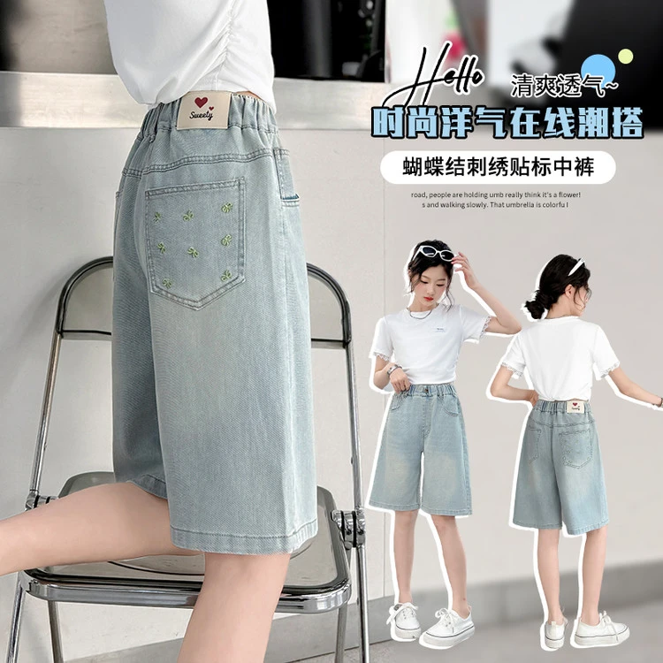 女童后袋贴标蝴蝶结绣花中裤儿童洋气夏装牛仔五分裤中大童休闲裤