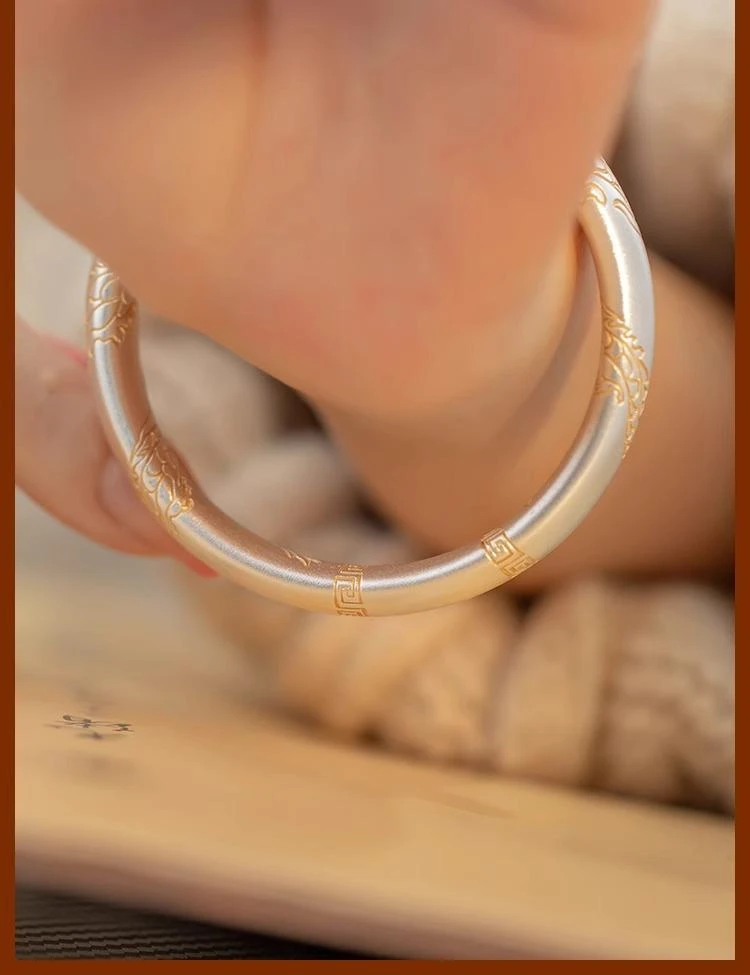 足银手镯H66足银9999描金龙腾万里凤舞九天古法雕刻新中式