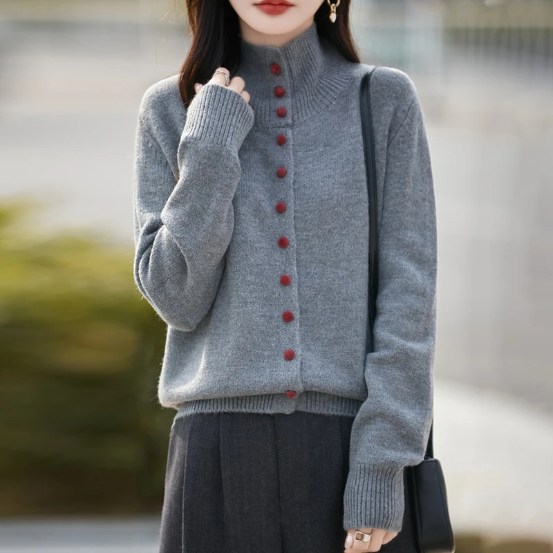 品牌撤柜正品秋冬新款韩版时尚高领羊毛开衫女百搭翻领毛衣外套