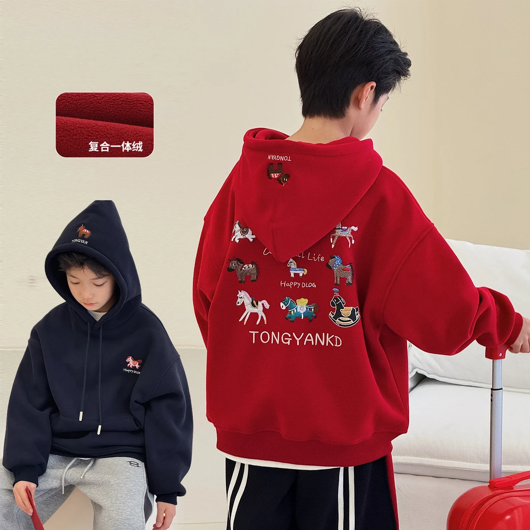 爆款马年新款男童加绒卫衣冬装中大童红色时尚儿童拜年服潮AB1197