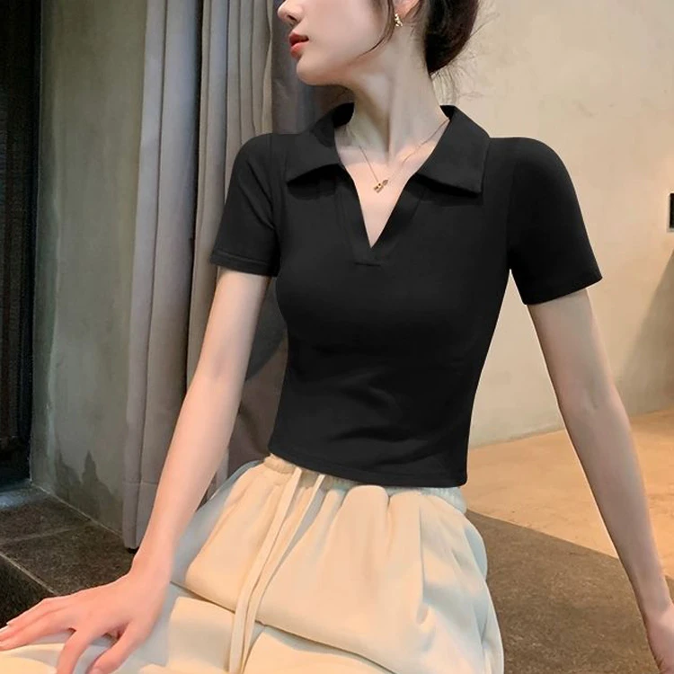 黑色翻领短袖t恤女2025夏季新款卡腰修身短款洋气polo衫正肩上衣