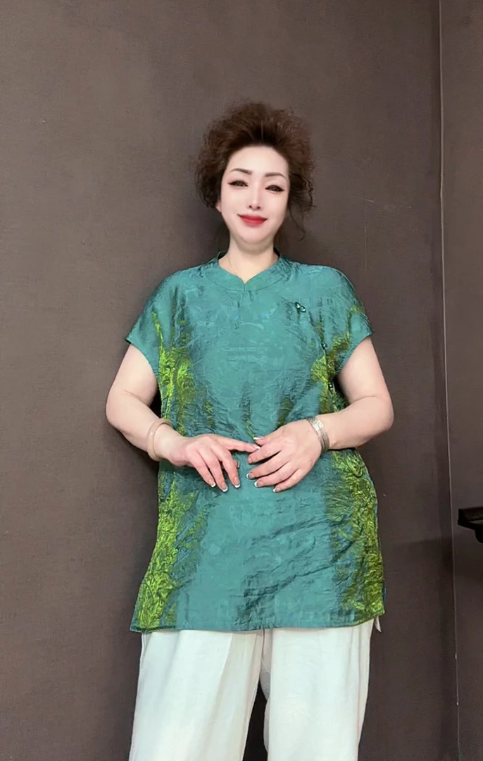 三姐家新中式流光溢彩织锦旗袍领上衣