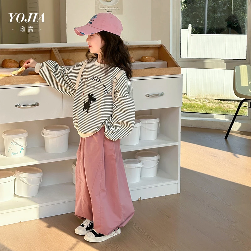 YOJIA女童条纹卫衣春装2025新款卡通圆领套头衫儿童长袖上衣春款