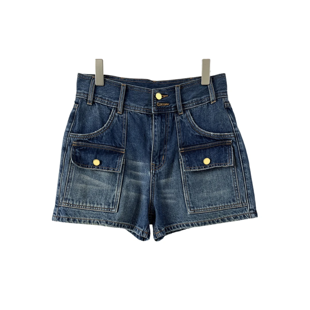 塞牌四口袋深蓝水洗棉高腰休闲牛仔短裤366