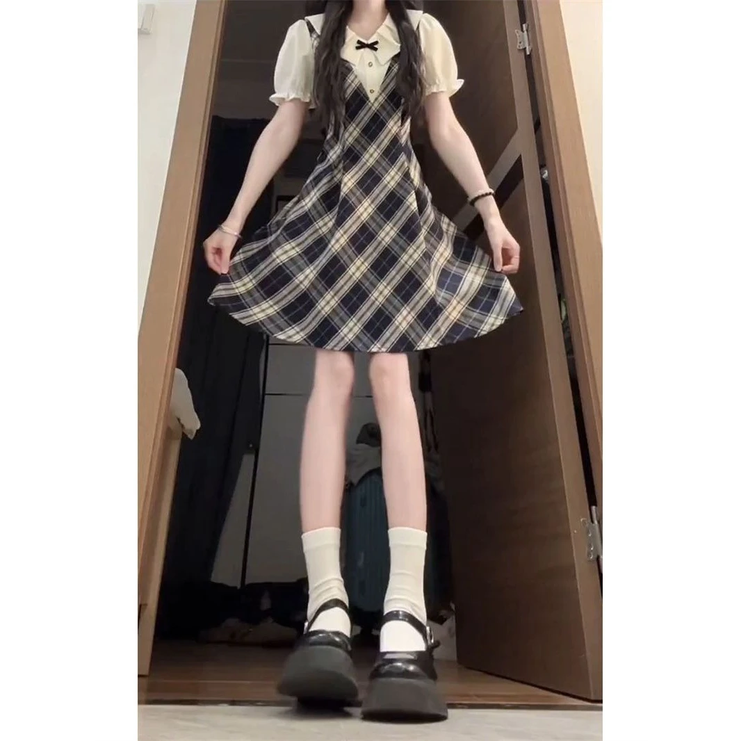 法式甜美风学院气质娃娃领假两件格纹连衣裙女夏季泡泡袖掐腰短裙