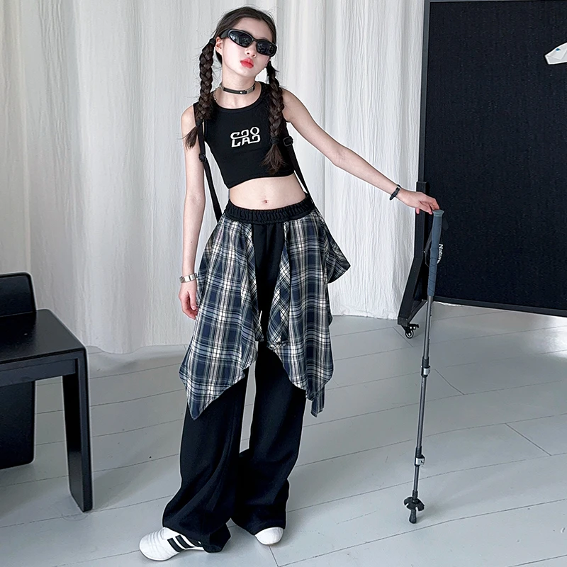 【酷哒仔】女童背心服装假两件拼接裙摆爵士舞潮酷两件套装童装