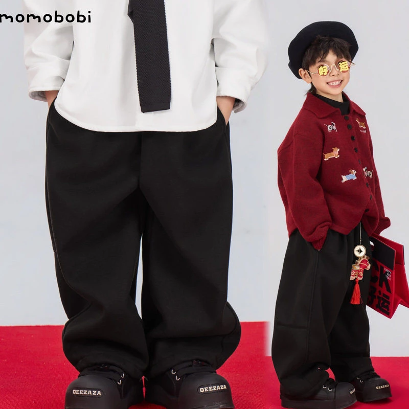 momobobi自制新款儿童弯刀裤个性百搭款式加绒保暖阔腿造型直筒裤