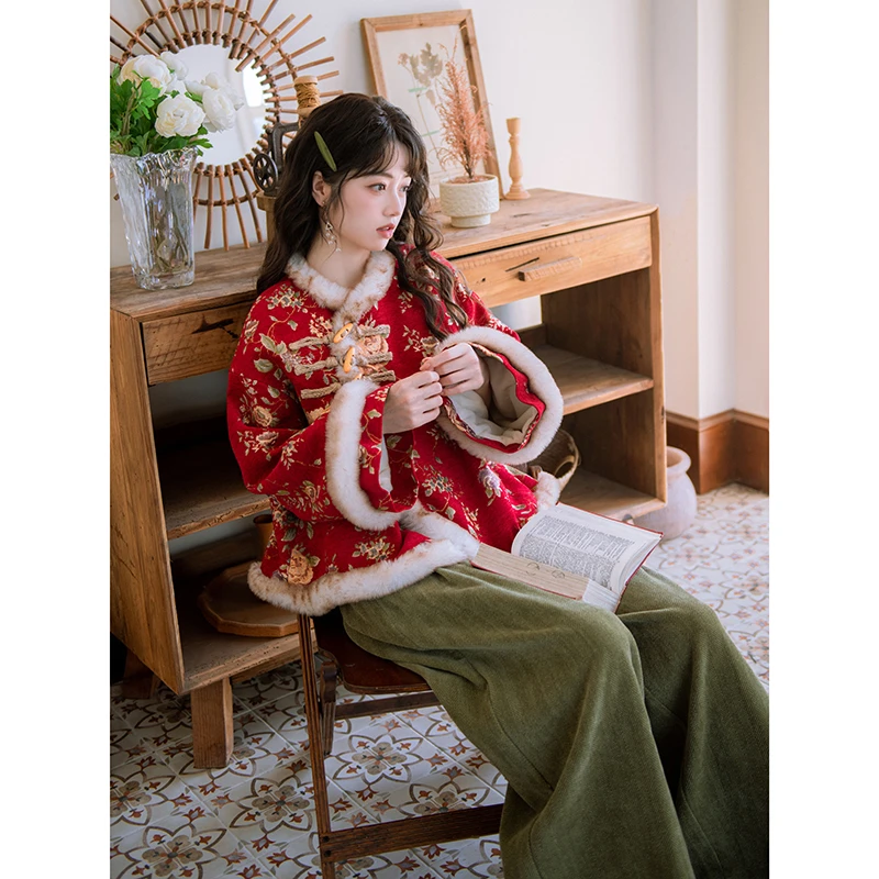 【松莺】复古绣花改良旗袍连衣裙2025年新中式提花加绒外套女秋冬