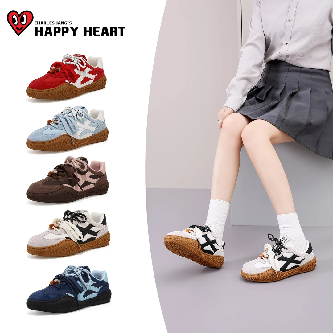 查尔斯桃心女鞋子真皮德训鞋秋上新时尚百搭千金风板鞋带双11好物