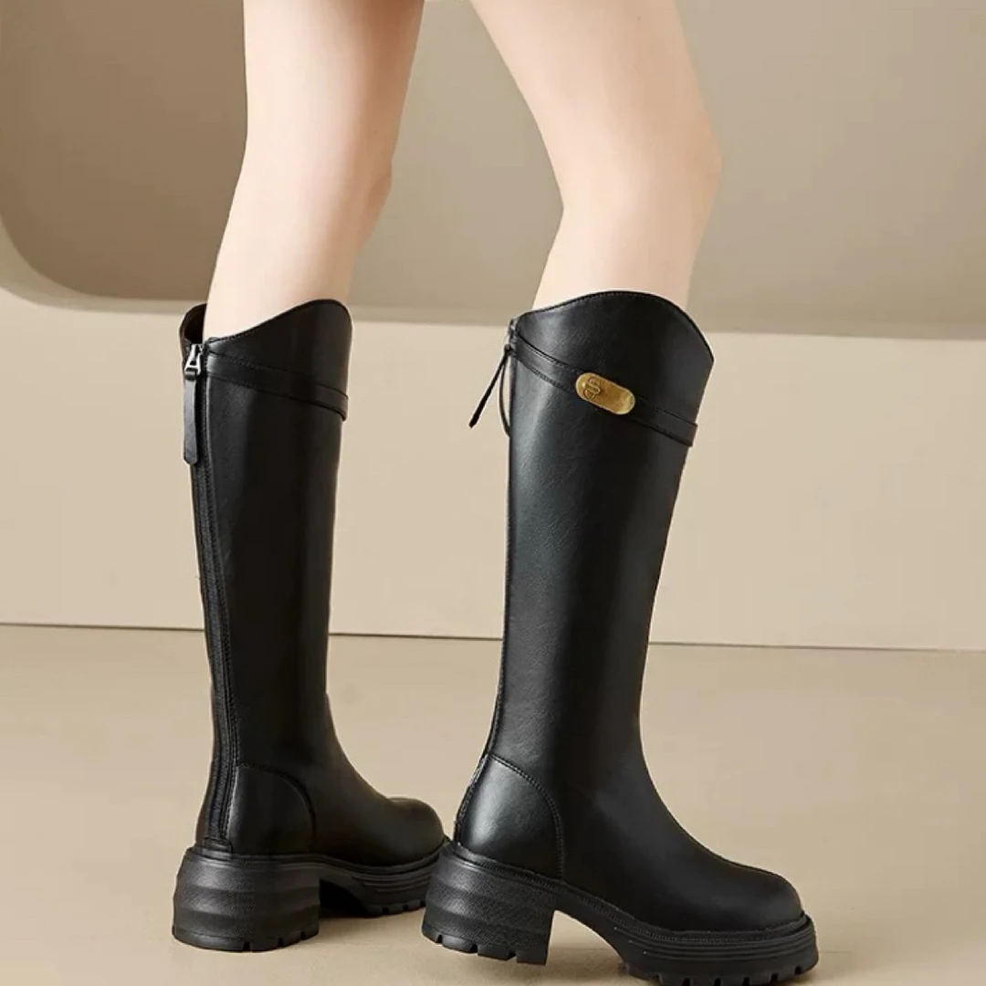 骑士靴女鞋1120冬季新款时尚休闲粗跟后拉链高跟圆头24D