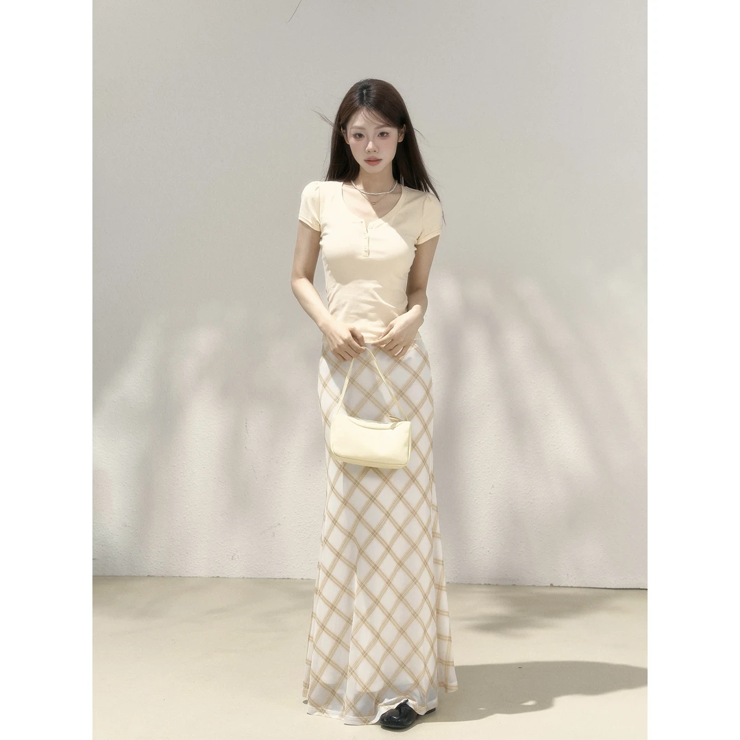 【小野莓】夏季韩版气质休闲a字高腰显瘦格纹鱼尾半身裙子女BY58207