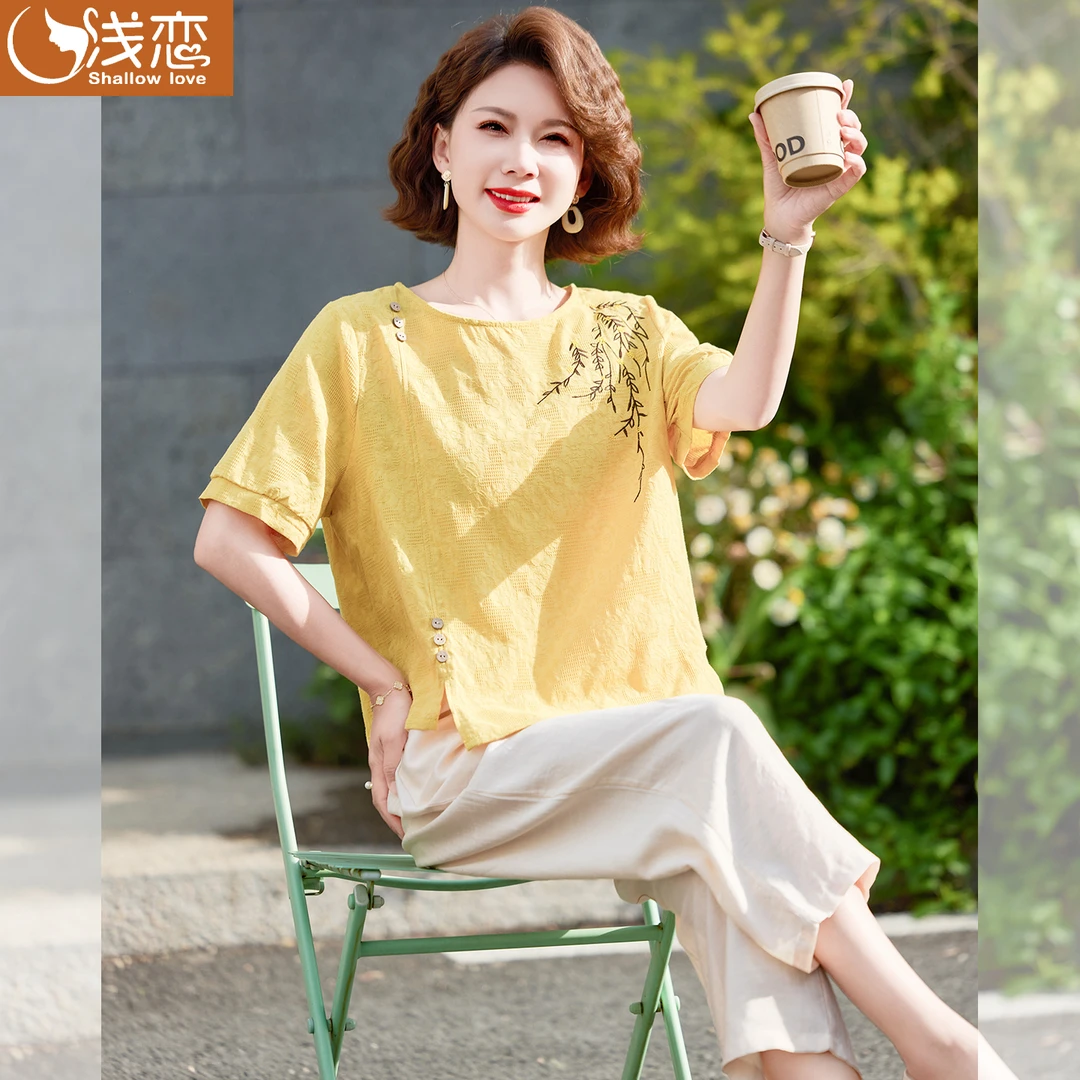 妈妈夏装短袖T恤中年女装洋气新款国风上衣服中老年休闲棉麻套装