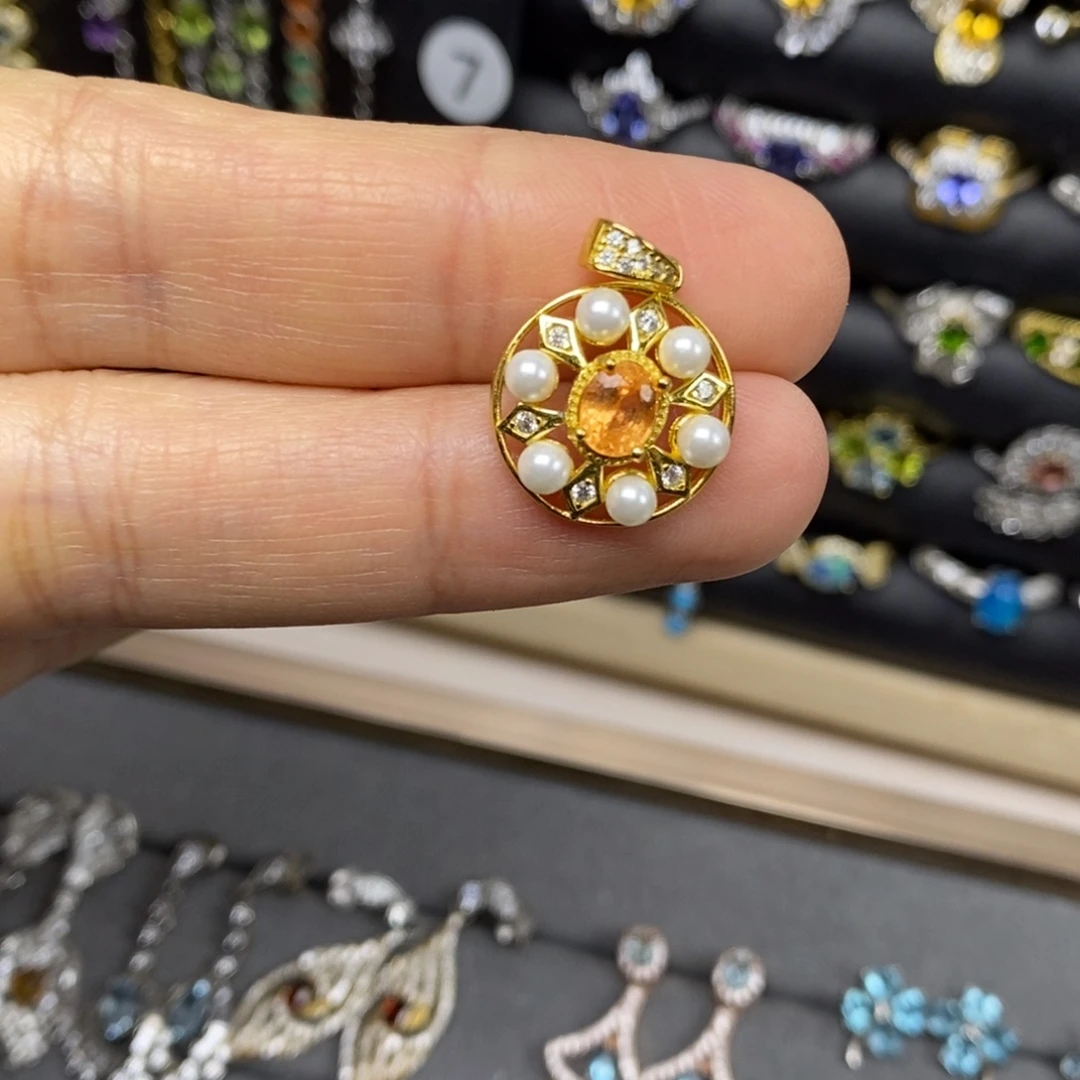 银S925镶嵌吊坠(不含链)石榴石（芬达石）