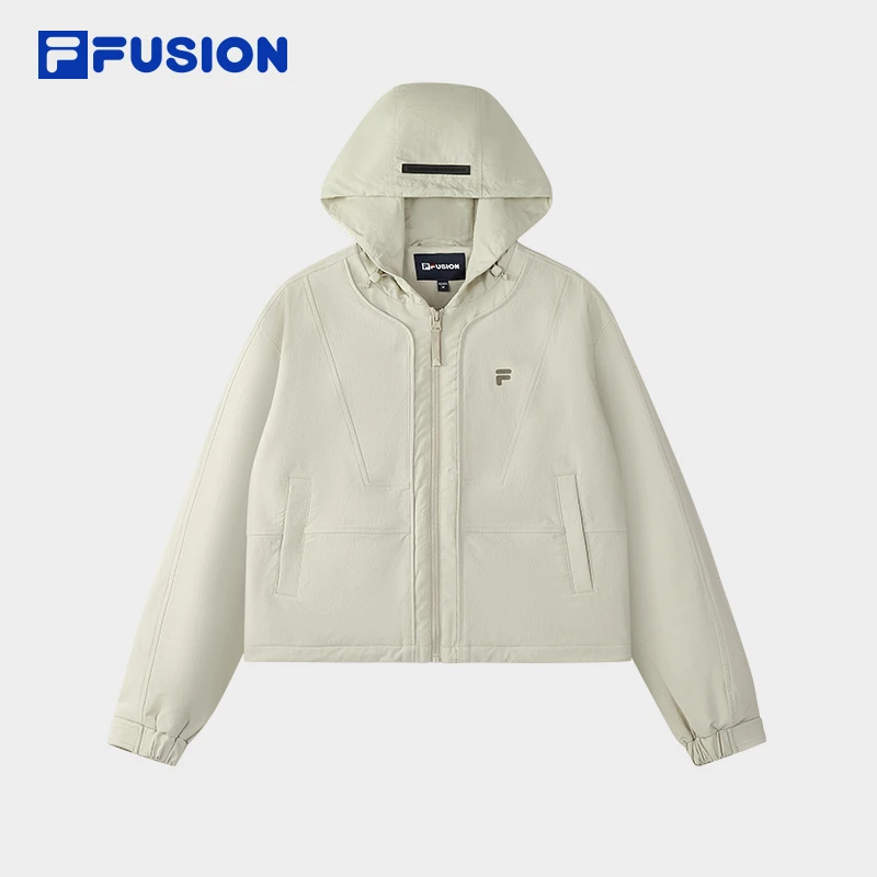 FUSION斐乐潮牌梭织外套女2025冬新款时尚宽松短款连帽上衣