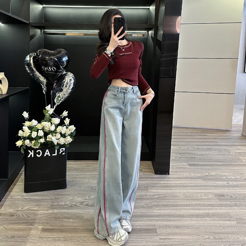 时尚套装女2025春秋新款设计感撞色圆领长袖T恤阔腿牛仔裤两件套